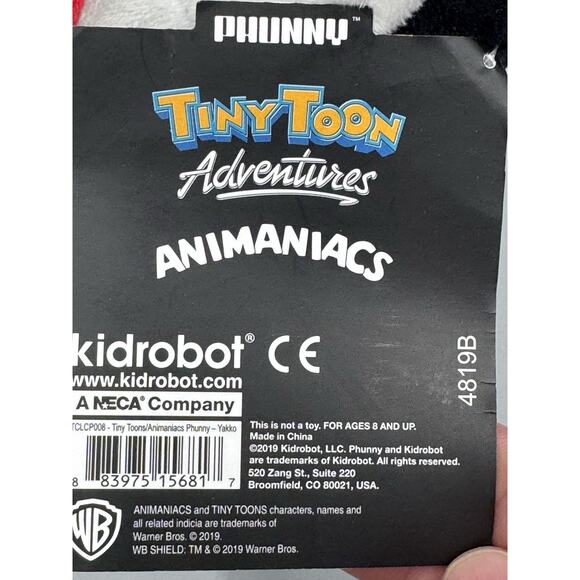Animaniacs Yakko Plush Toy Tiny Toons Kidrobot Stuffed Animal 8” Phunny - Picture 8 of 10